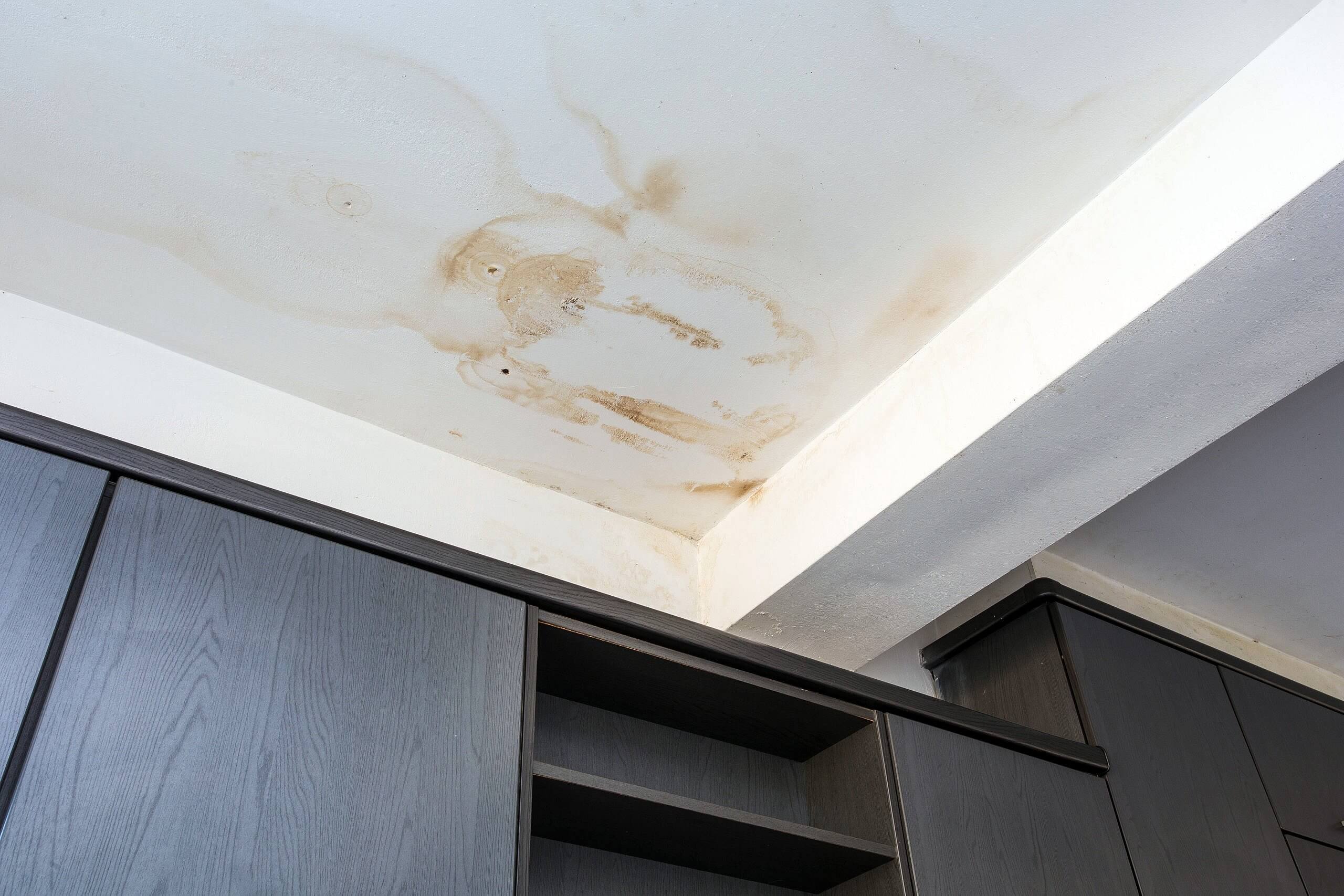 Water damage on a property's ceiling.