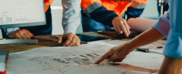 Closeup of team of industrial engineers meeting analyze machinery blueprints